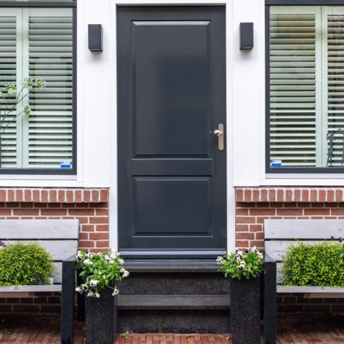 Residential,House,Facade,Dark,Entrance,Door,Brick,Wall,Shuttered,Windows